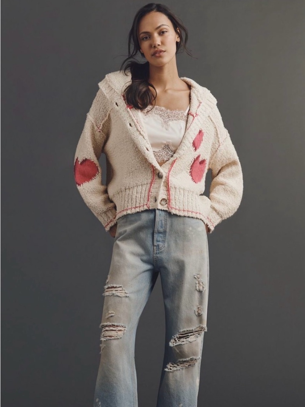 Pilcro candy heart Bouclé cardigan  long sleeve - Picture 2 of 4